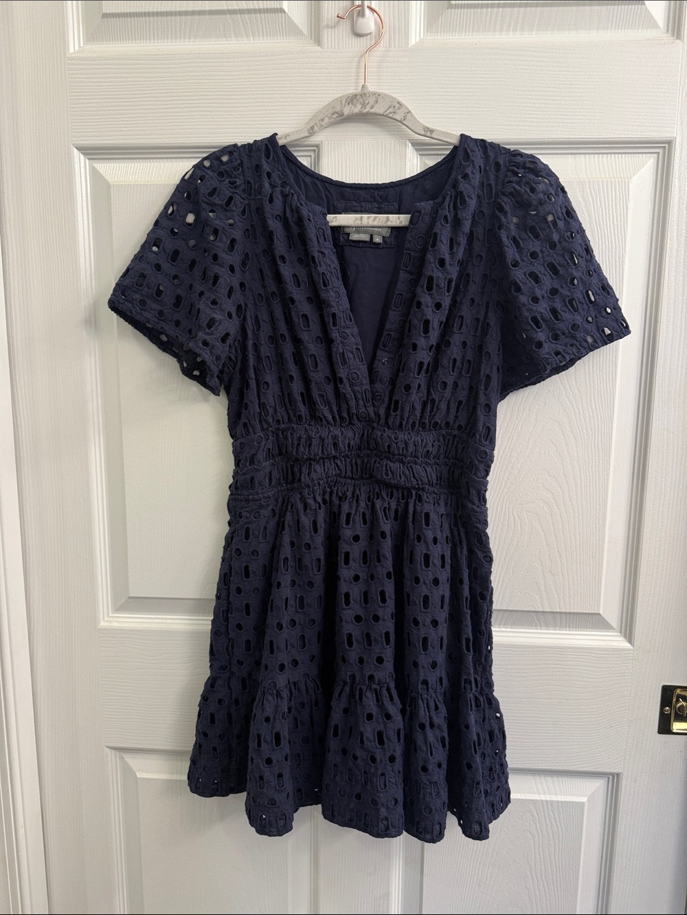Anthropologie Navy Eyelet V-Neck Smocked Waist Mini Dress